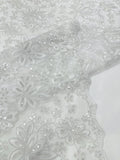 Floral Embroidery Damask Design With Sequins On A Mesh Lace Fabric By Yard. White