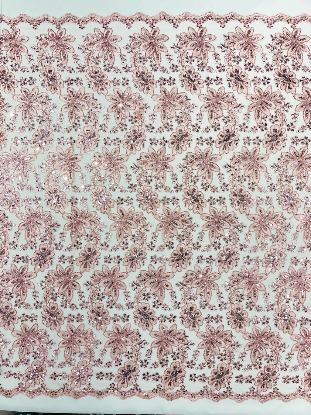 Floral Embroidery Damask Design With Sequins On A Mesh Lace Fabric By Yard. Pink