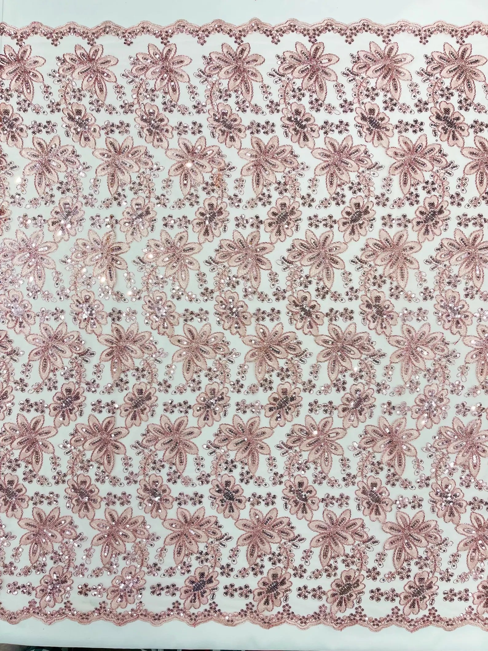 Floral Embroidery Damask Design With Sequins On A Mesh Lace Fabric By Yard. Pink