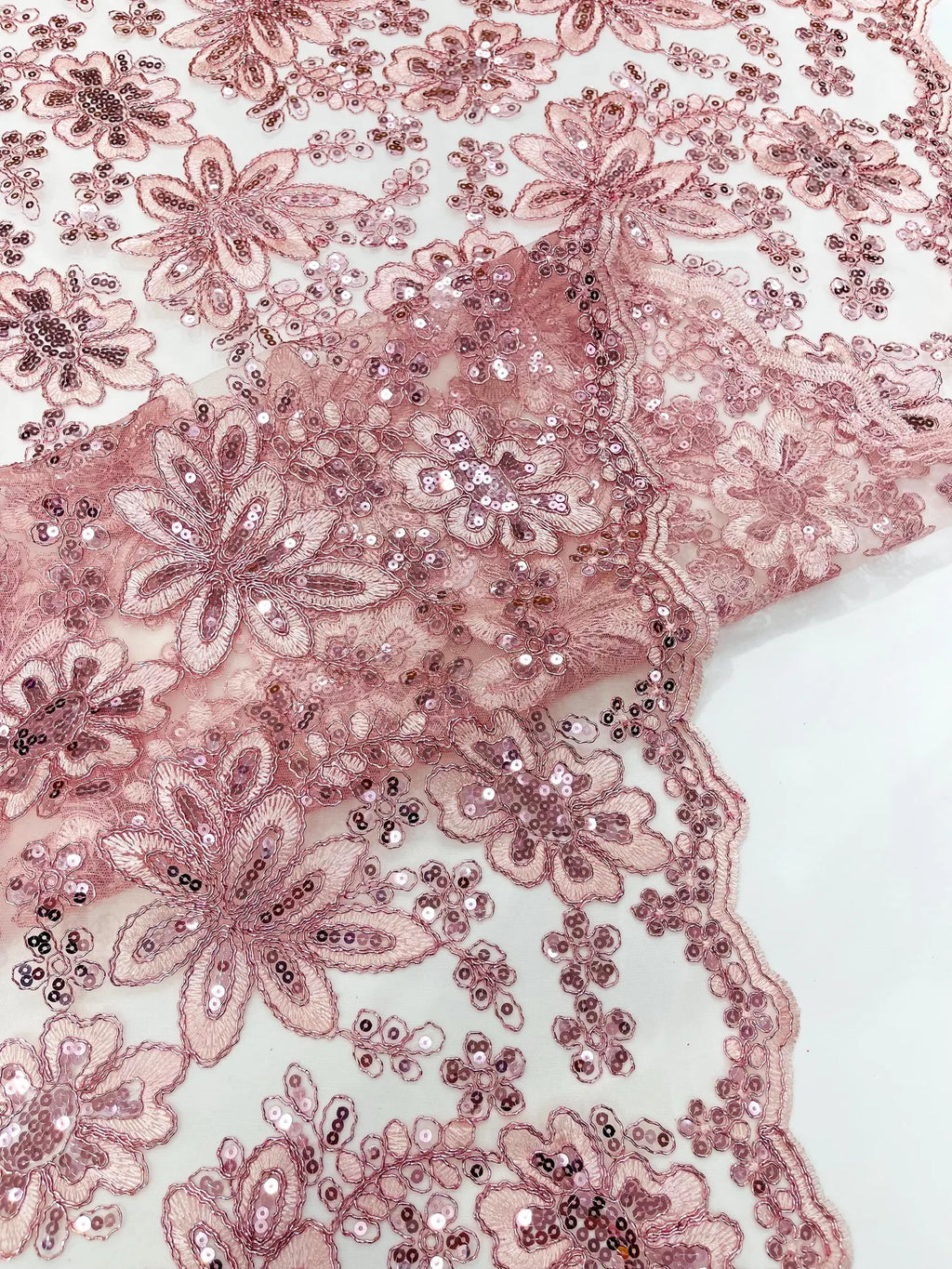Floral Embroidery Damask Design With Sequins On A Mesh Lace Fabric By Yard. Pink