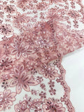 Floral Embroidery Damask Design With Sequins On A Mesh Lace Fabric By Yard. Pink