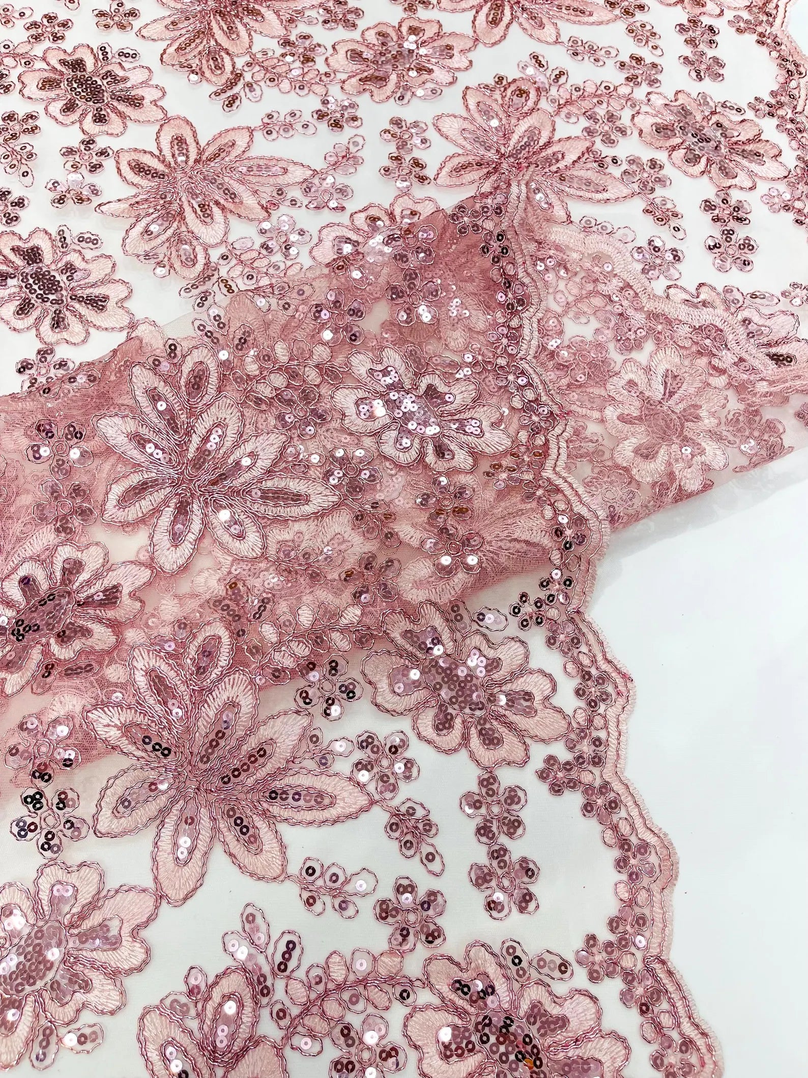 Floral Embroidery Damask Design With Sequins On A Mesh Lace Fabric By Yard. Pink