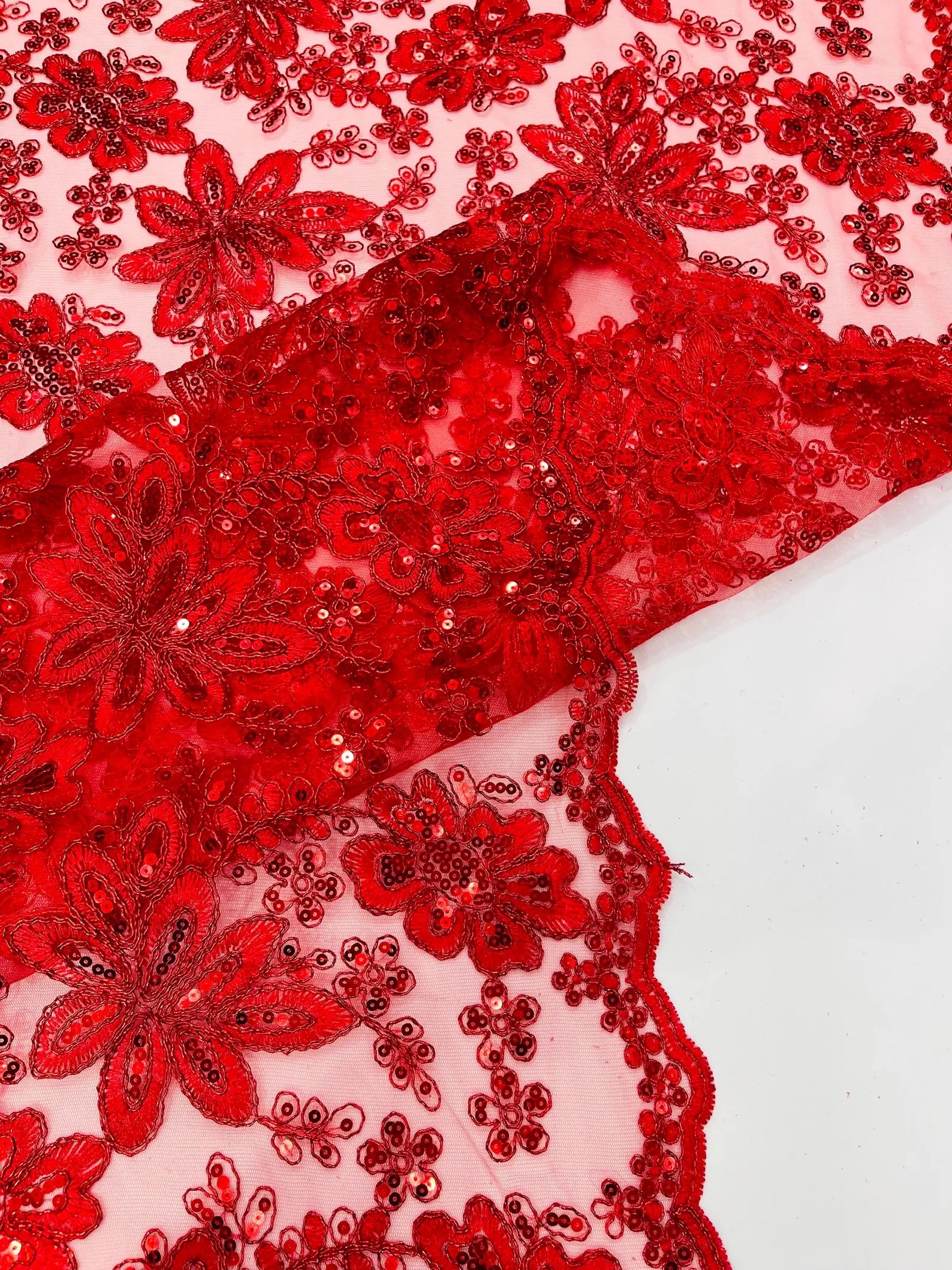 Floral Embroidery Damask Design With Sequins On A Mesh Lace Fabric By Yard. Red
