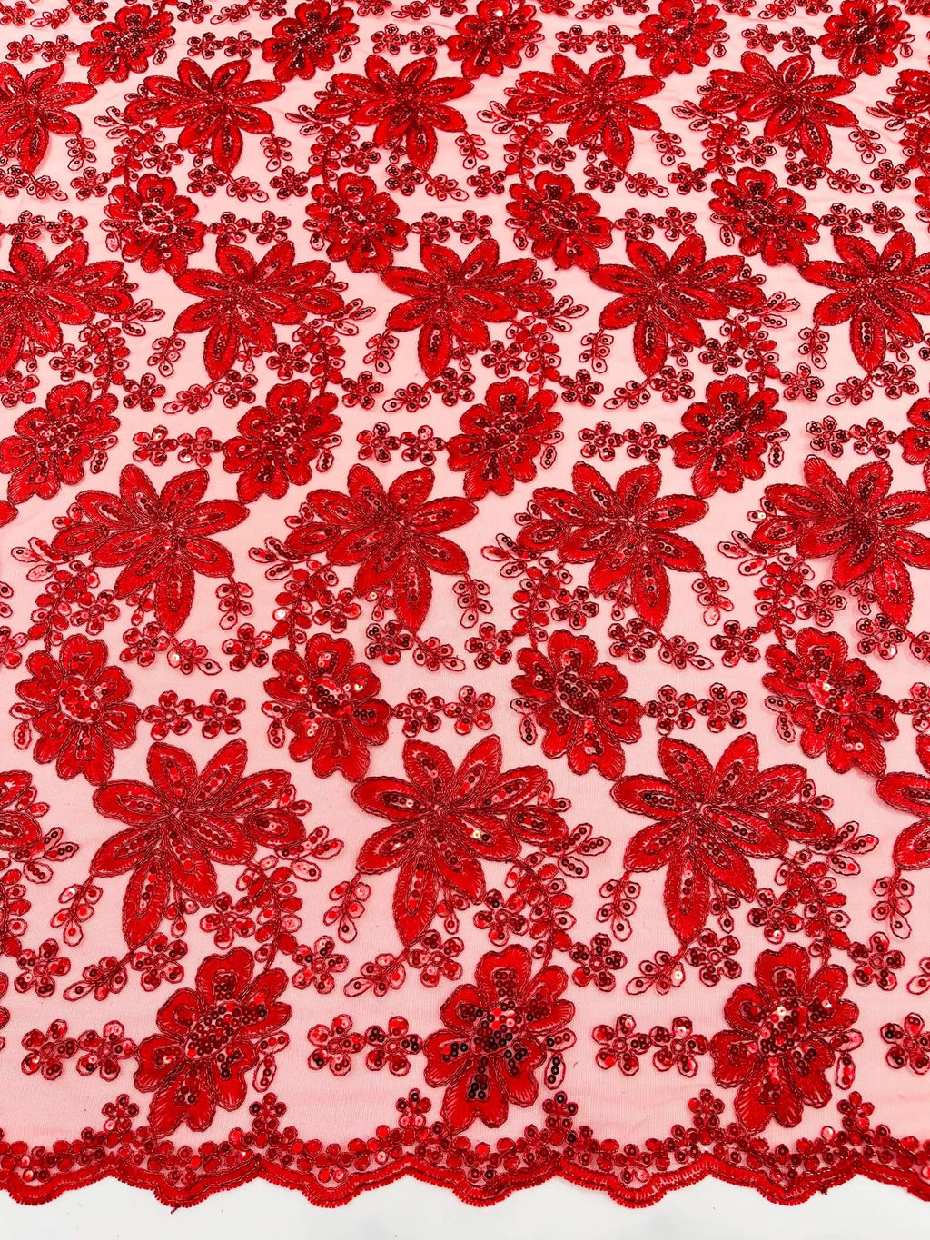 Floral Embroidery Damask Design With Sequins On A Mesh Lace Fabric By Yard. Red
