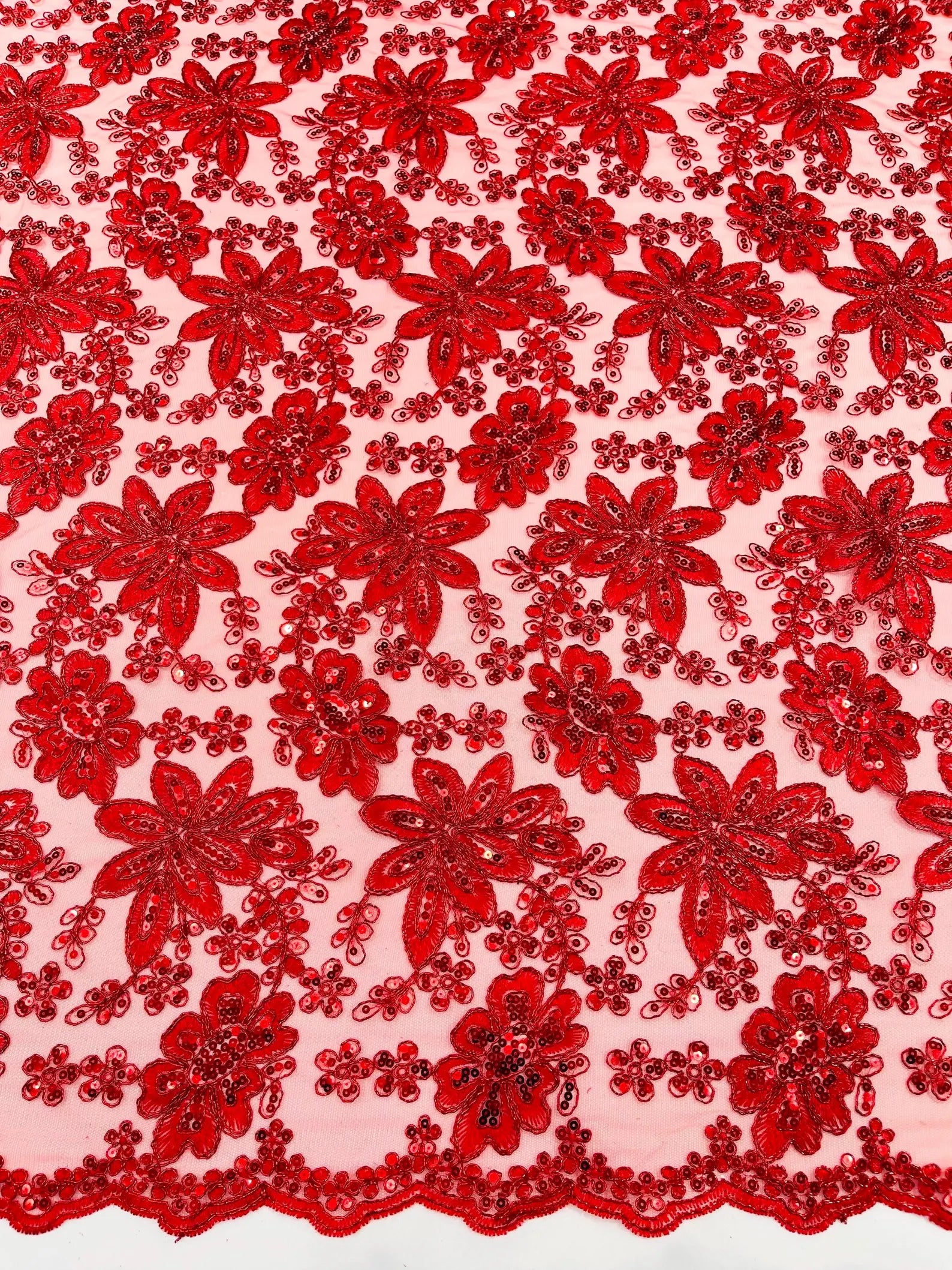 Floral Embroidery Damask Design With Sequins On A Mesh Lace Fabric By Yard. Red