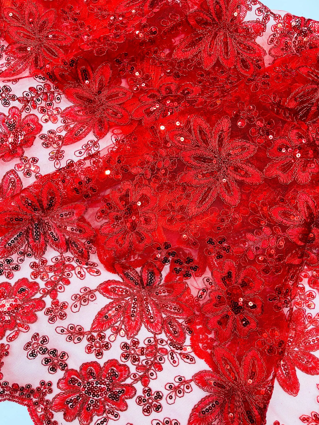 Floral Embroidery Damask Design With Sequins On A Mesh Lace Fabric By Yard. Red
