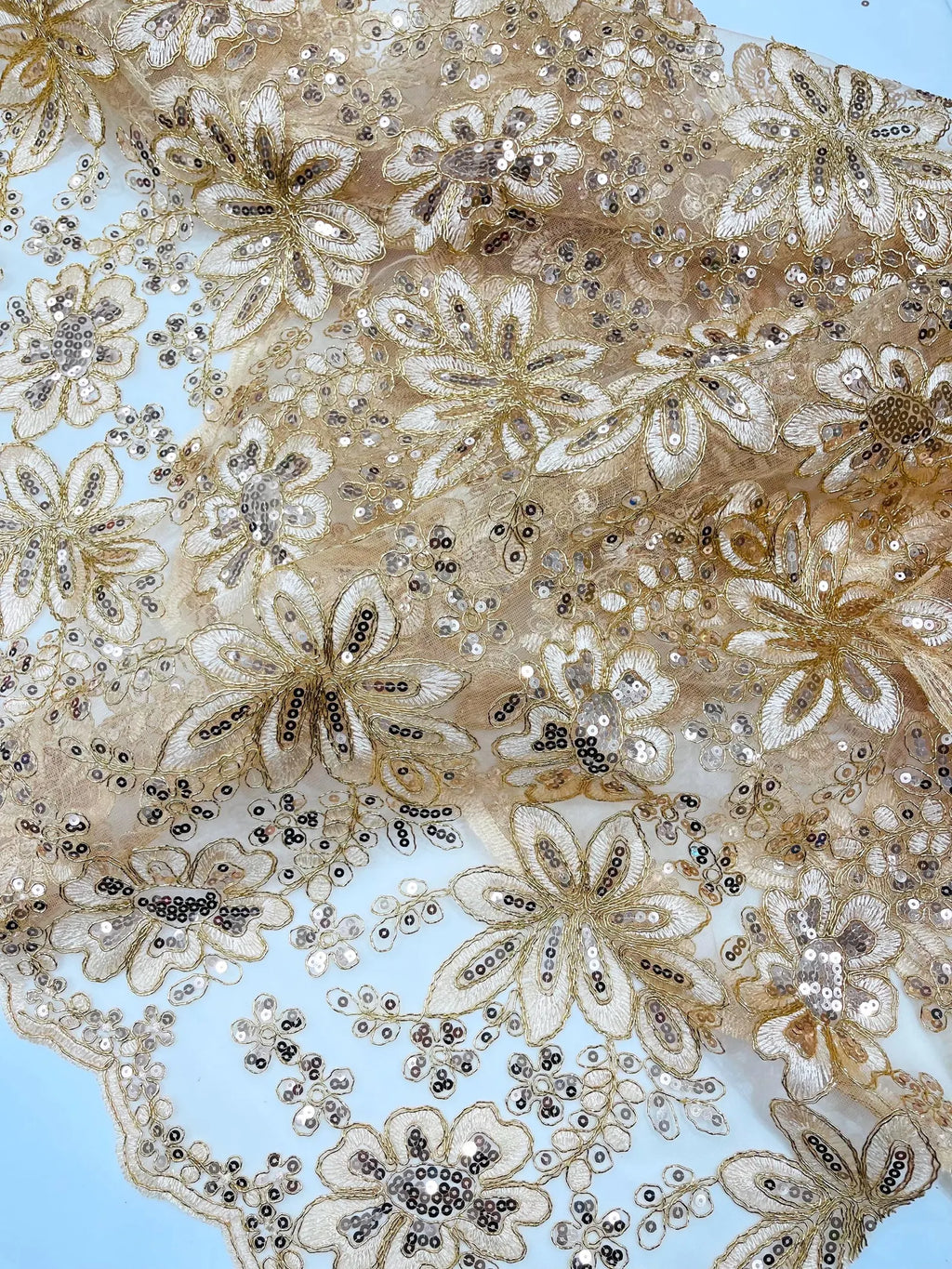 Floral Embroidery Damask Design With Sequins On A Mesh Lace Fabric By Yard. Rose Gold