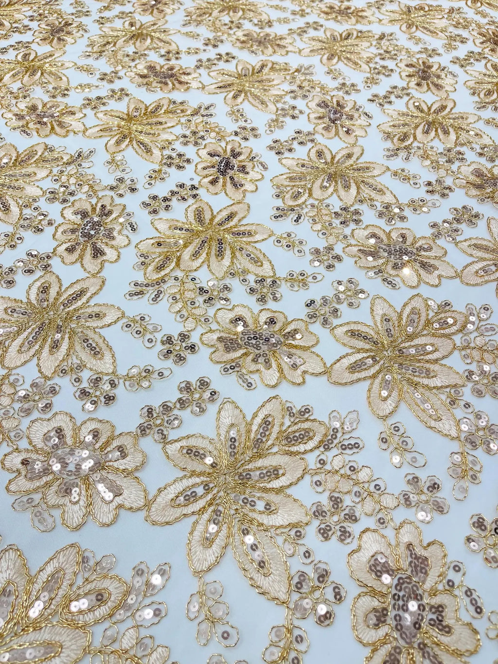 Floral Embroidery Damask Design With Sequins On A Mesh Lace Fabric By Yard. Rose Gold