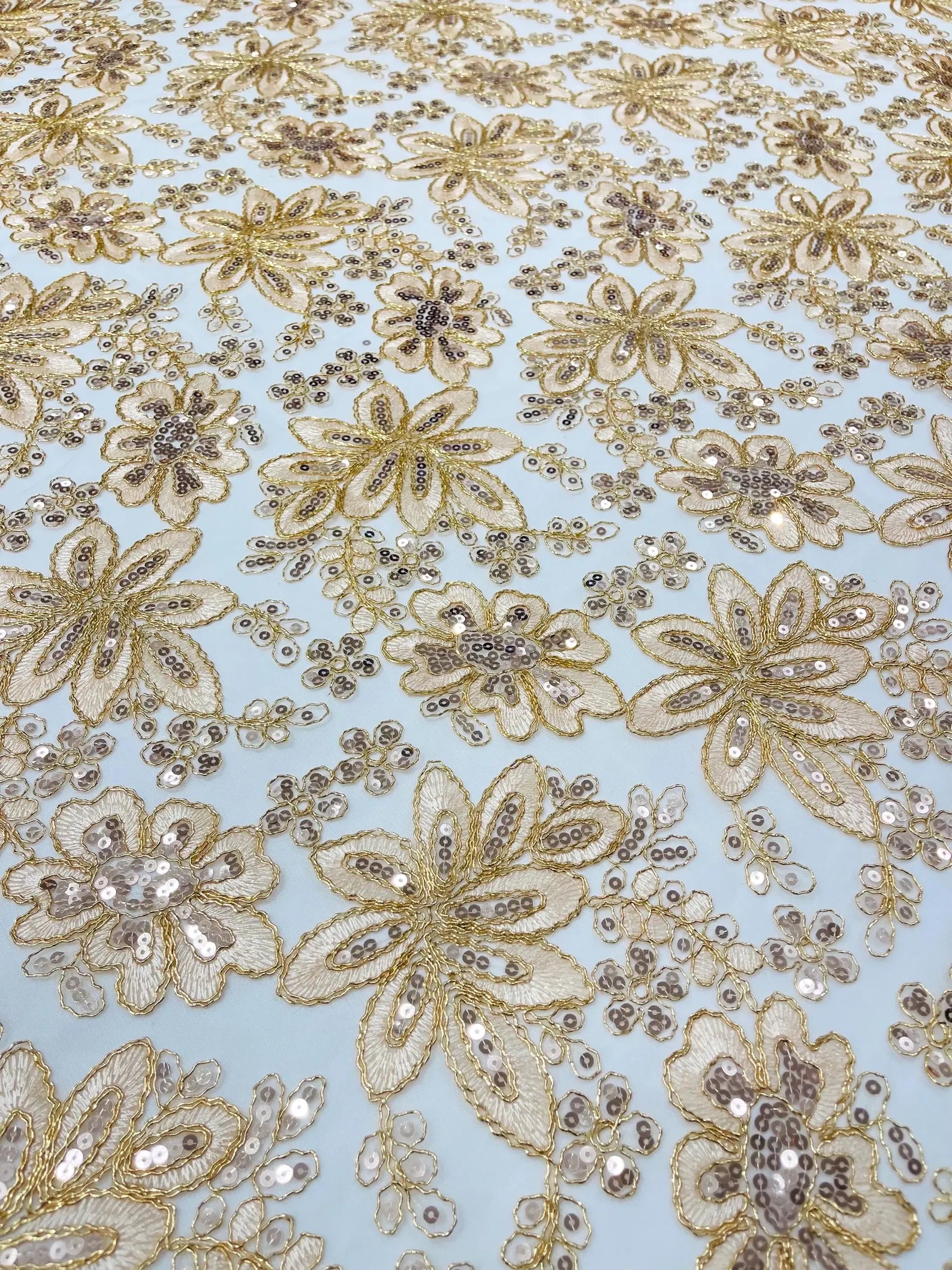 Floral Embroidery Damask Design With Sequins On A Mesh Lace Fabric By Yard. Rose Gold