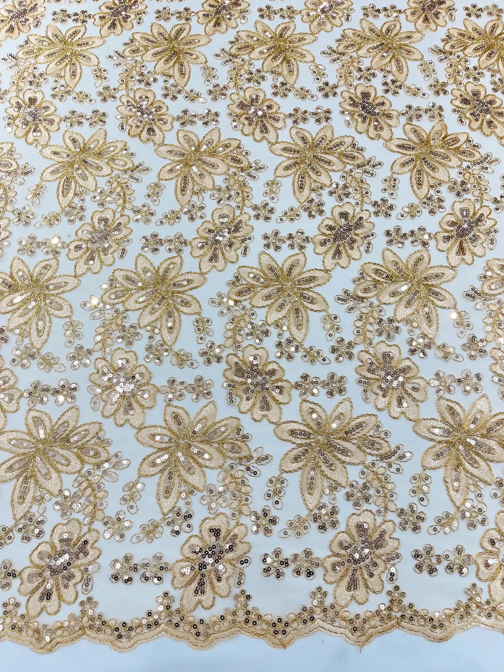 Floral Embroidery Damask Design With Sequins On A Mesh Lace Fabric By Yard. Rose Gold