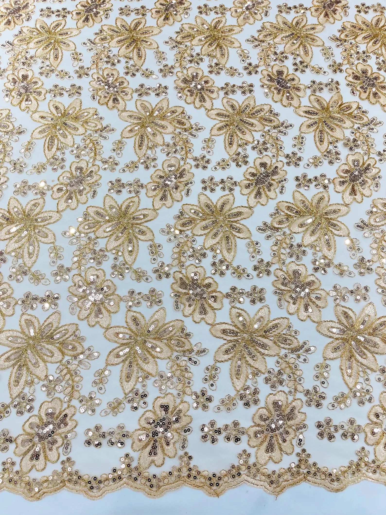 Floral Embroidery Damask Design With Sequins On A Mesh Lace Fabric By Yard. Rose Gold