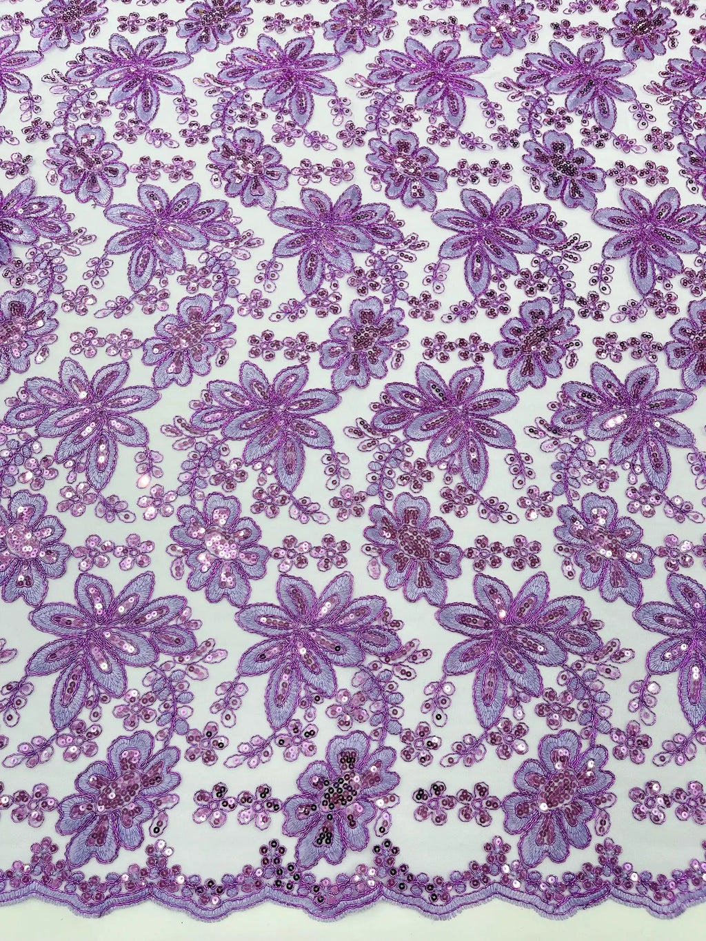 Floral Embroidery Damask Design With Sequins On A Mesh Lace Fabric By Yard. Lavender