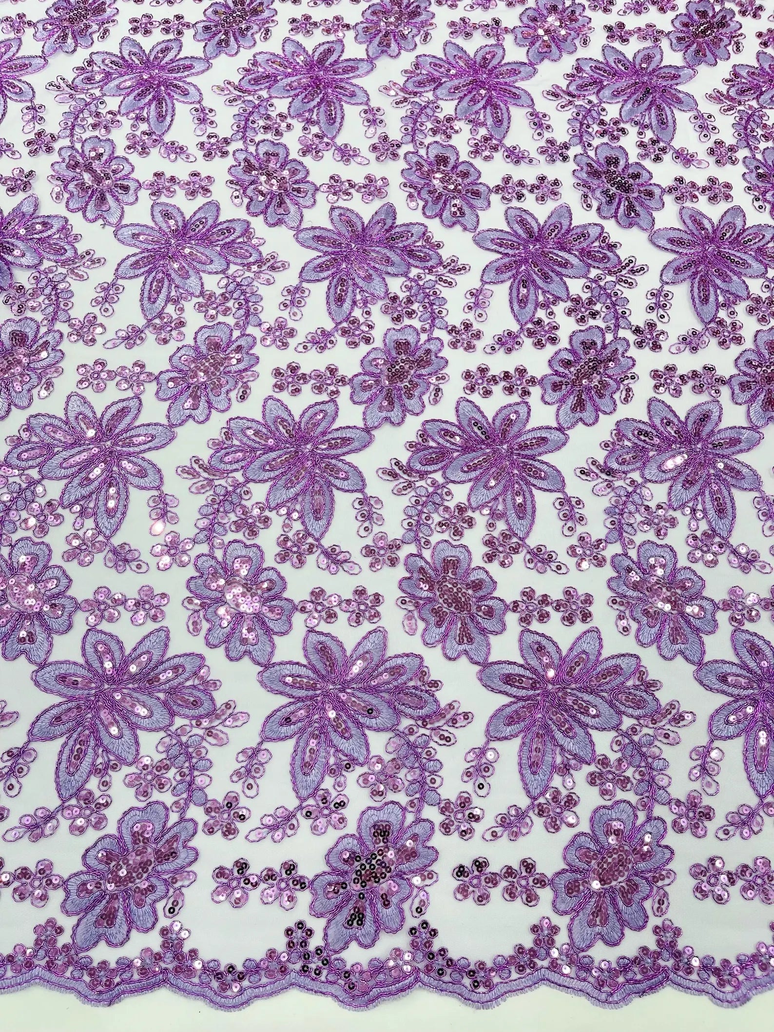Floral Embroidery Damask Design With Sequins On A Mesh Lace Fabric By Yard. Lavender