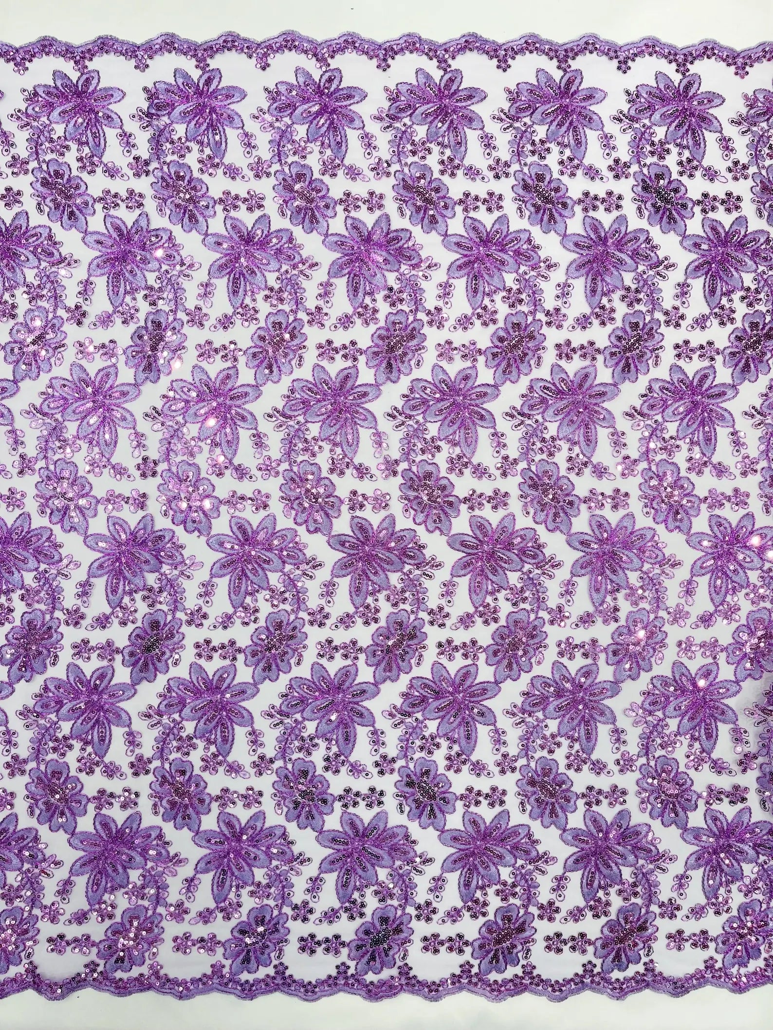 Floral Embroidery Damask Design With Sequins On A Mesh Lace Fabric By Yard. Lavender