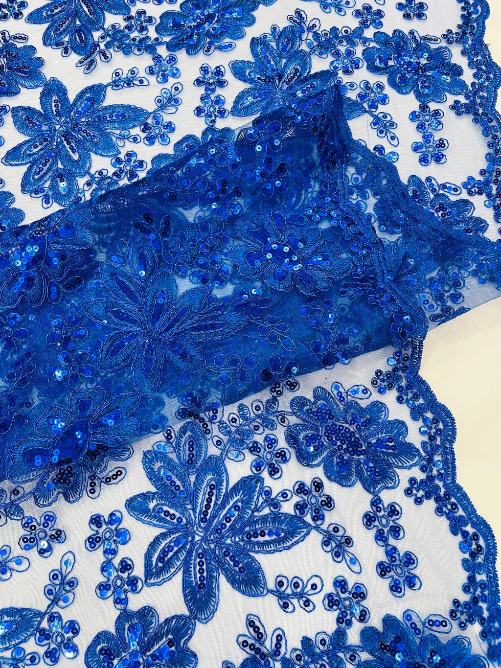 Floral Embroidery Damask Design With Sequins On A Mesh Lace Fabric By Yard. Royal Blue