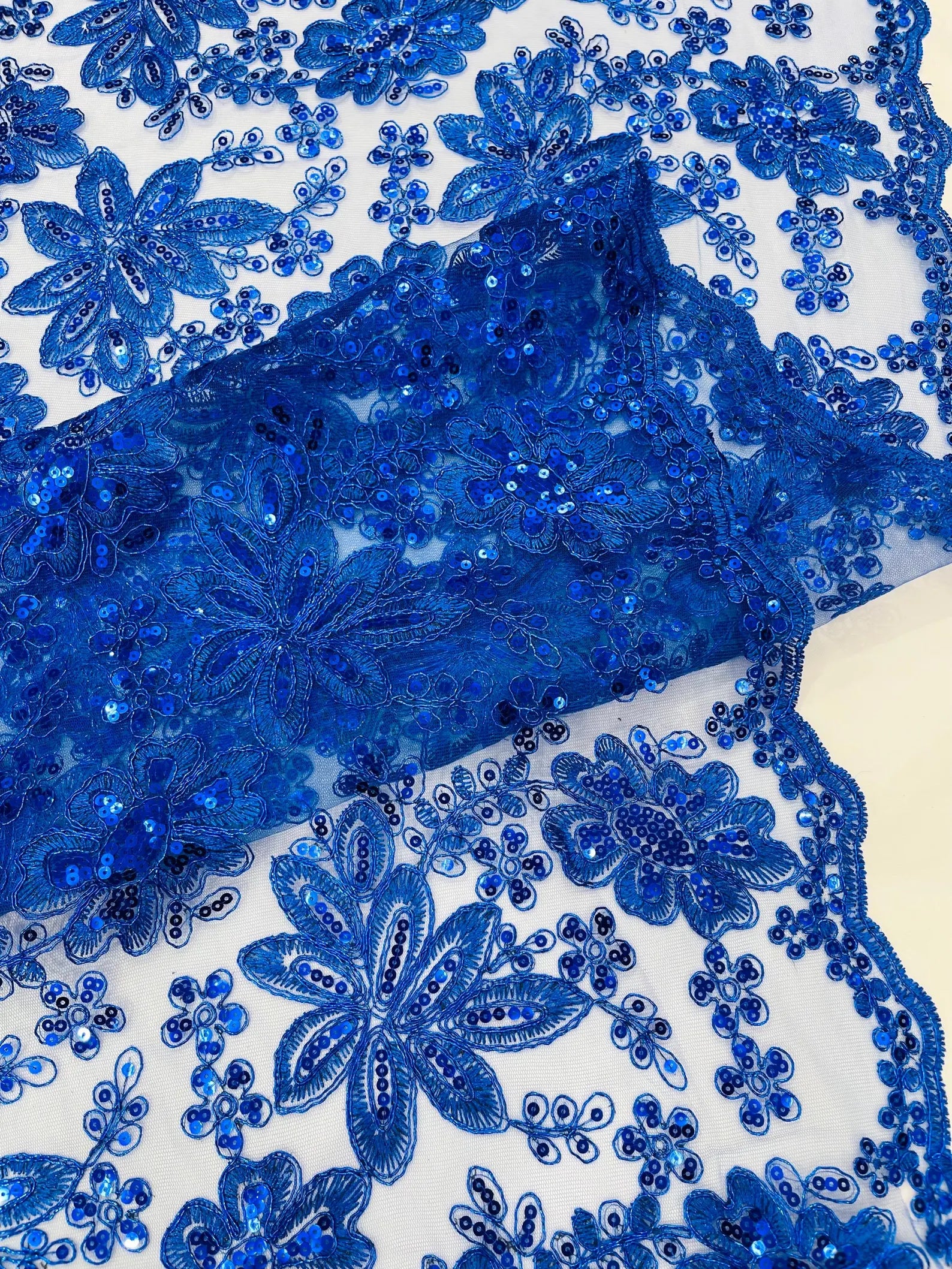 Floral Embroidery Damask Design With Sequins On A Mesh Lace Fabric By Yard. Royal Blue