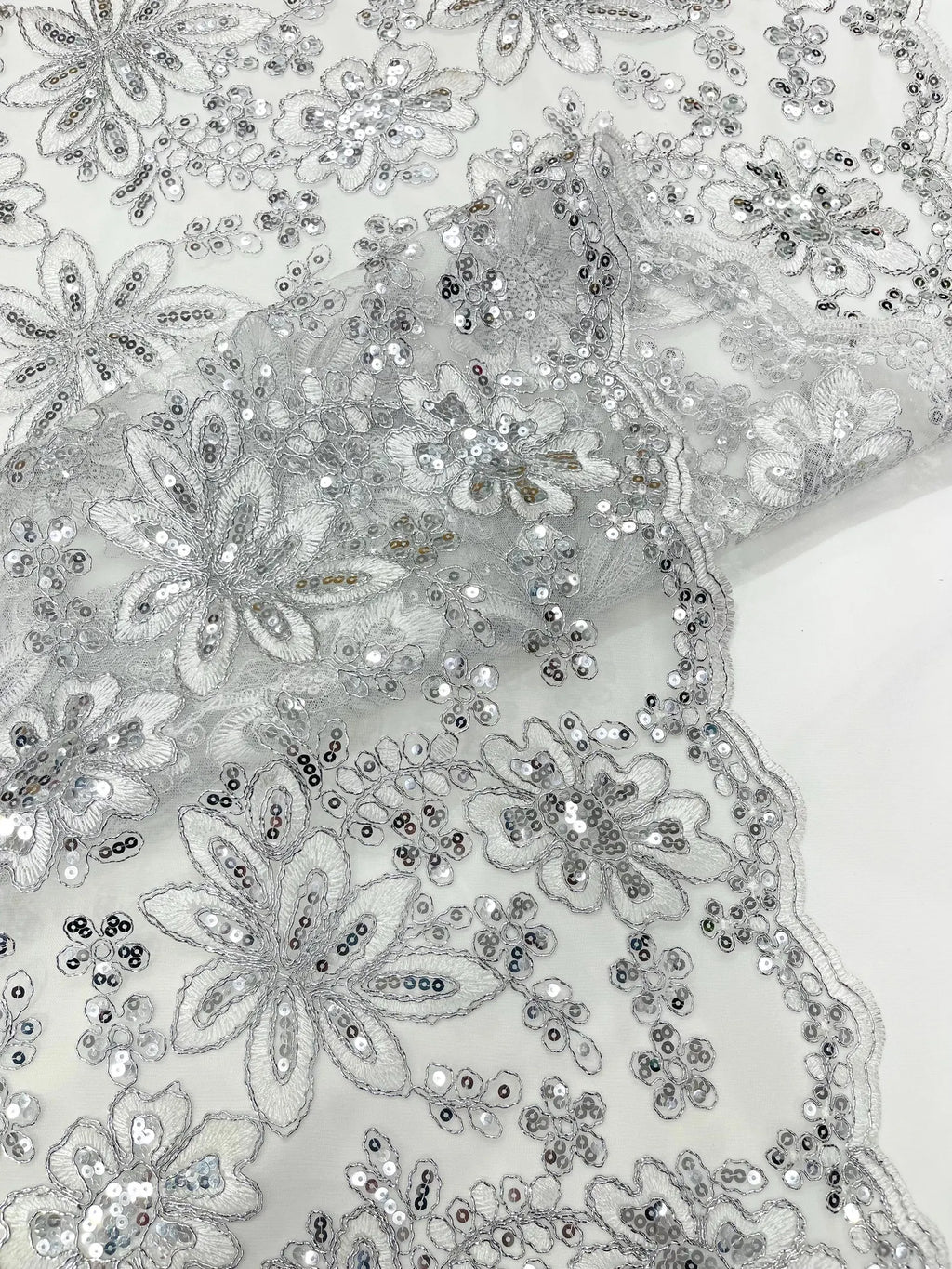Floral Embroidery Damask Design With Sequins On A Mesh Lace Fabric By Yard. White/Silver