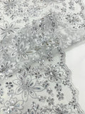 Floral Embroidery Damask Design With Sequins On A Mesh Lace Fabric By Yard. White/Silver