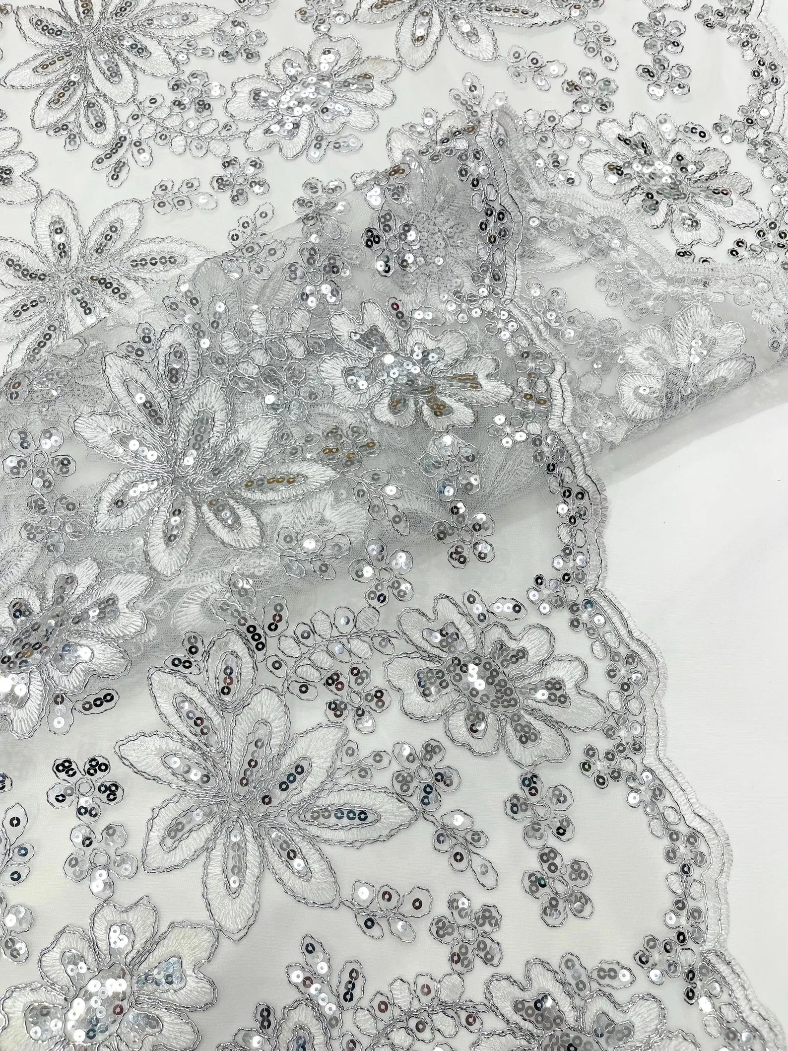 Floral Embroidery Damask Design With Sequins On A Mesh Lace Fabric By Yard. White/Silver