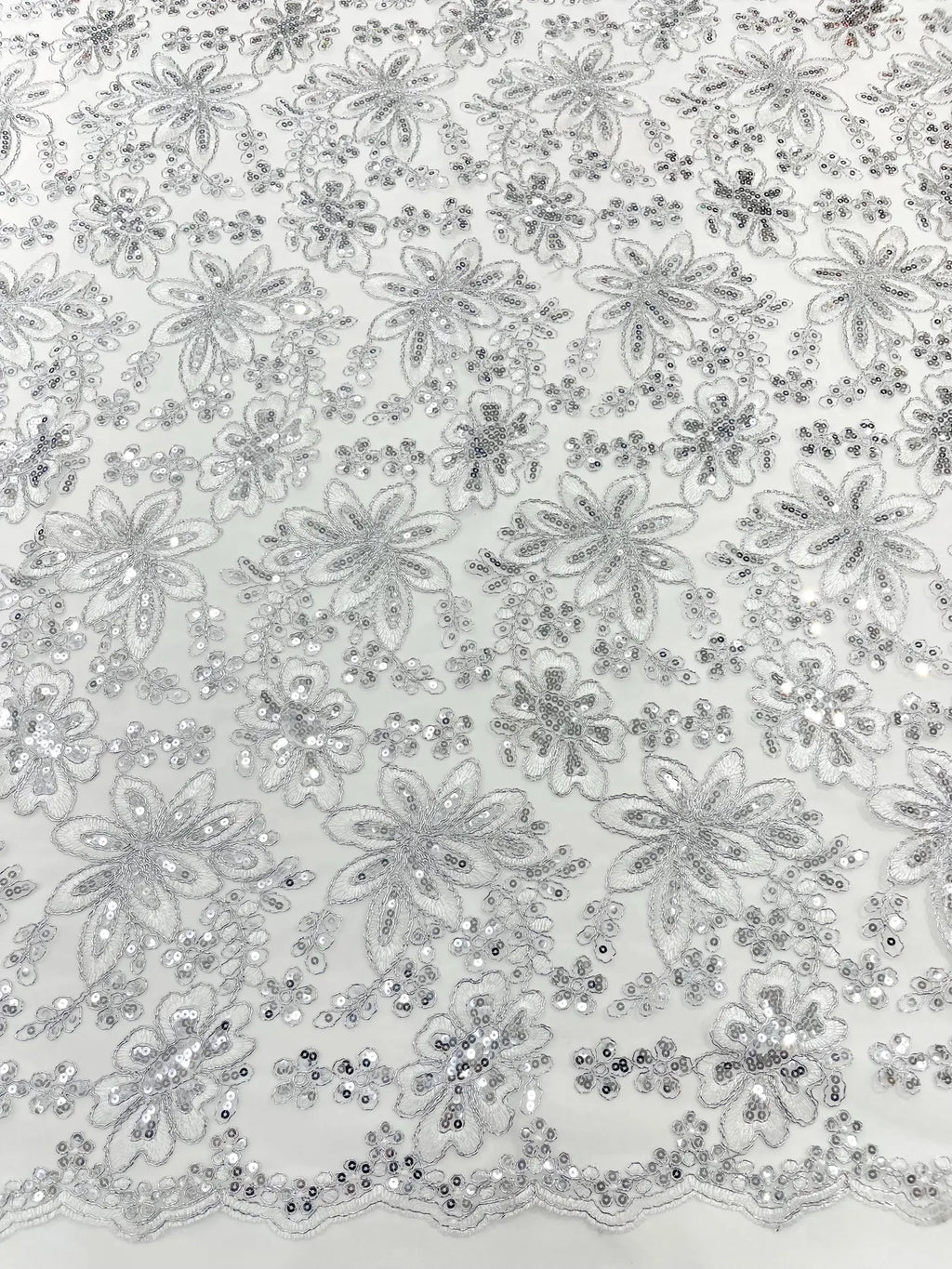 Floral Embroidery Damask Design With Sequins On A Mesh Lace Fabric By Yard. White/Silver