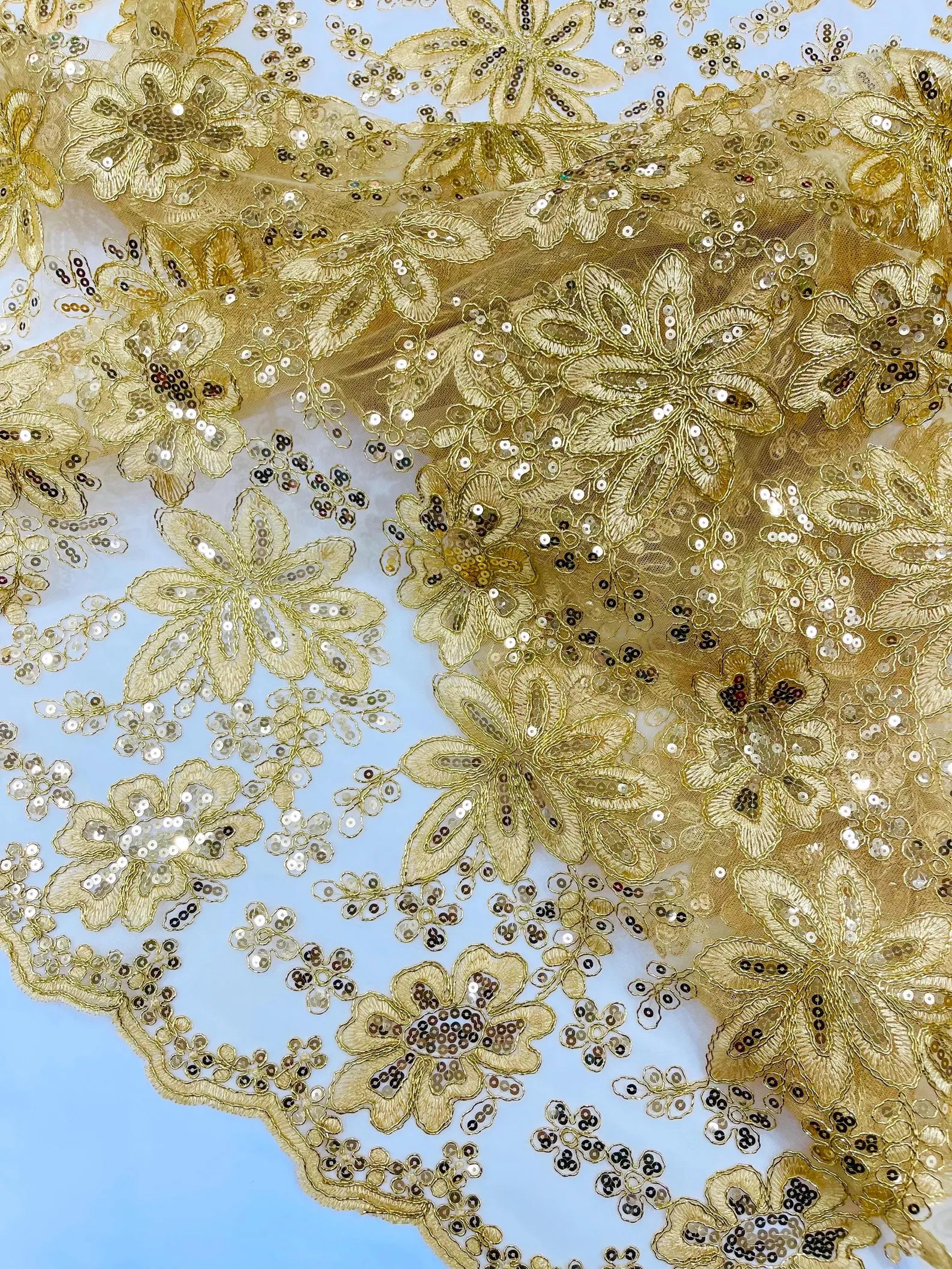 Floral Embroidery Damask Design With Sequins On A Mesh Lace Fabric By Yard. Gold