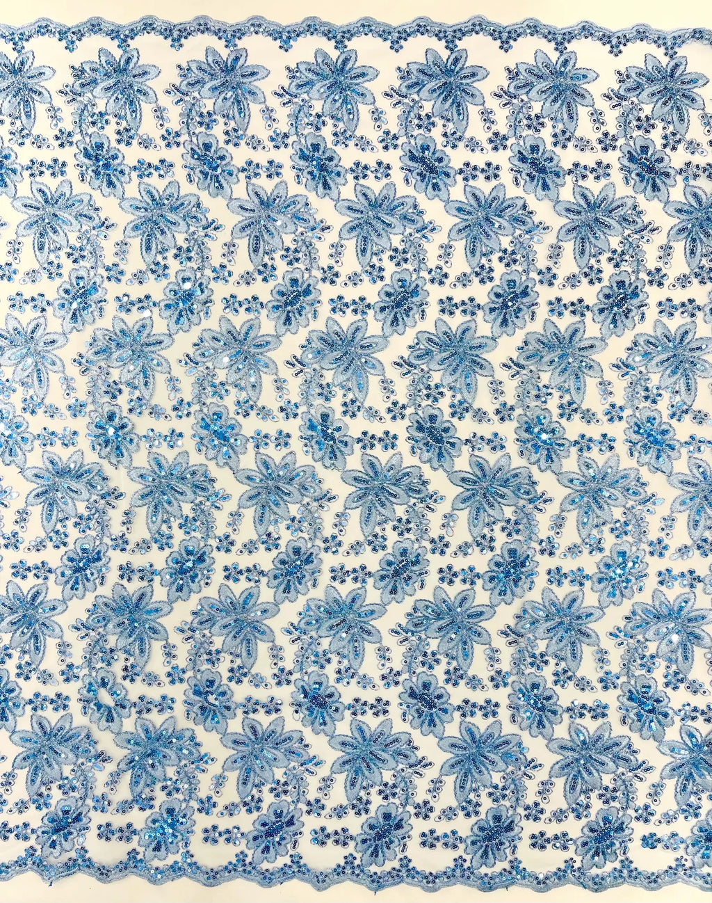 Floral Embroidery Damask Design With Sequins On A Mesh Lace Fabric By Yard. Lt Blue