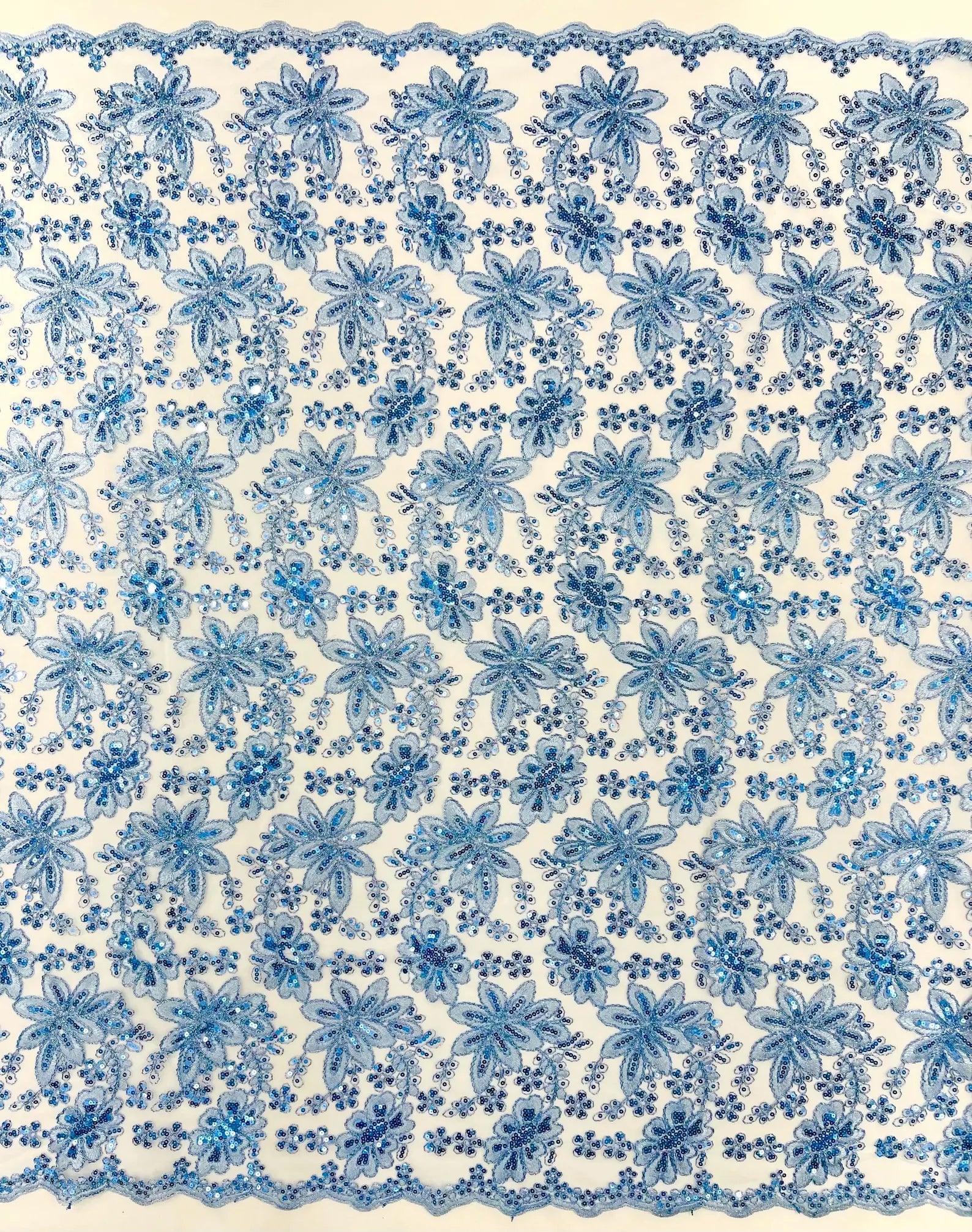 Floral Embroidery Damask Design With Sequins On A Mesh Lace Fabric By Yard. Lt Blue