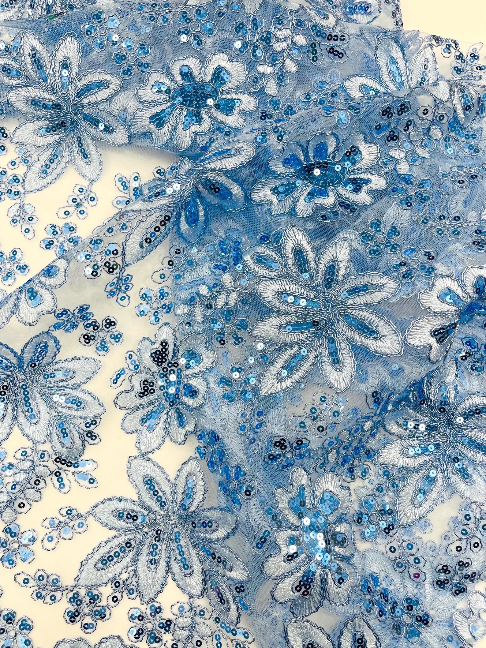 Floral Embroidery Damask Design With Sequins On A Mesh Lace Fabric By Yard. Lt Blue