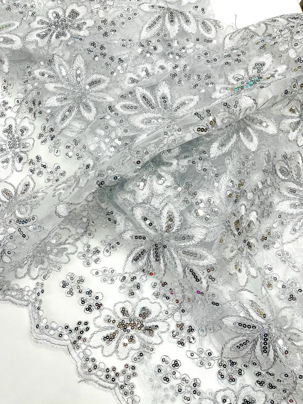 Floral Embroidery Damask Design With Sequins On A Mesh Lace Fabric By Yard. White/Silver