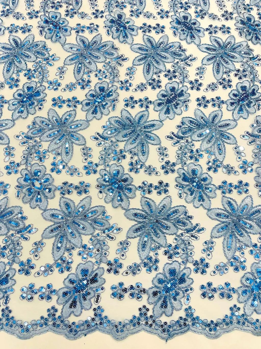 Floral Embroidery Damask Design With Sequins On A Mesh Lace Fabric By Yard. Lt Blue