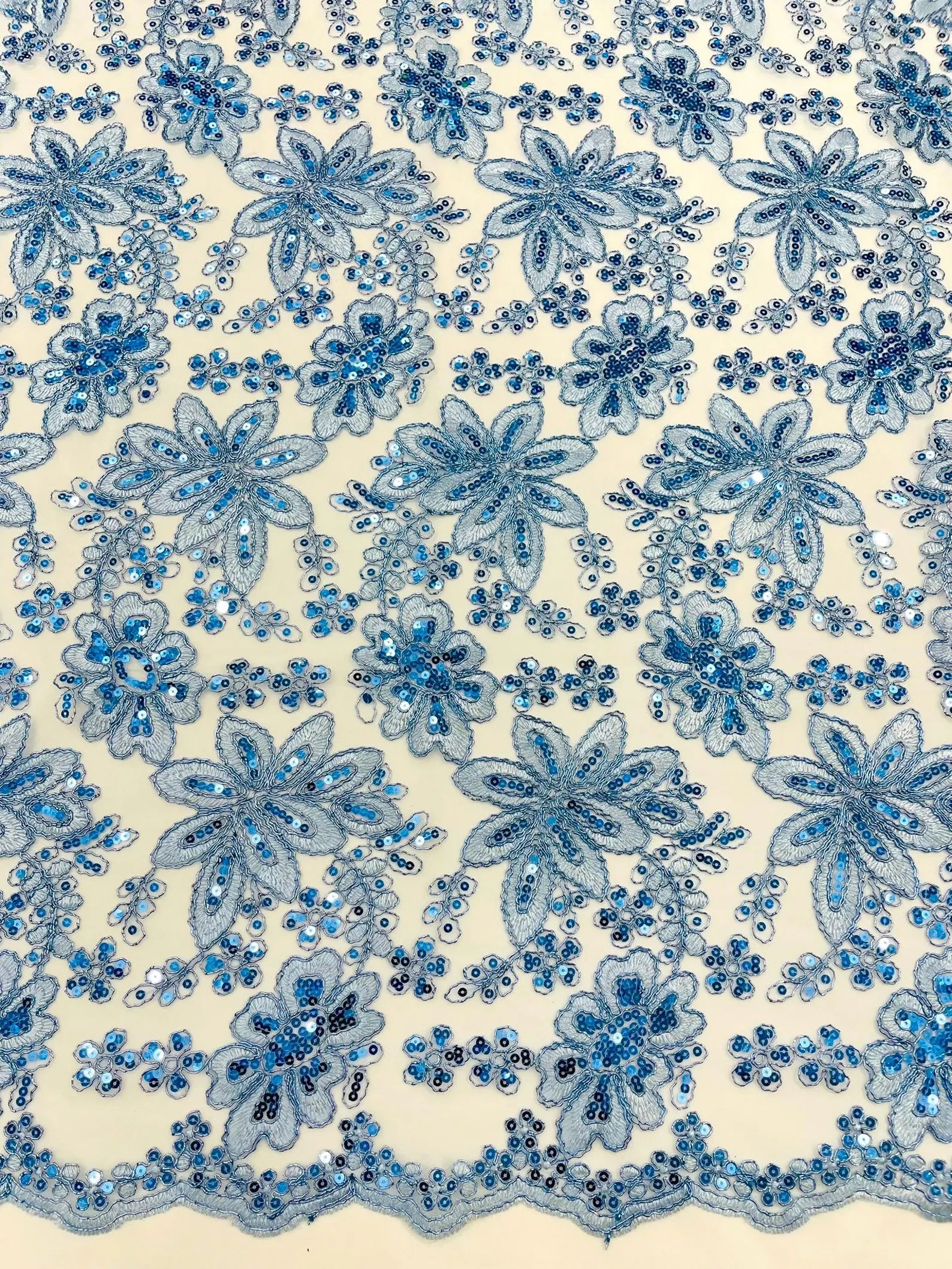 Floral Embroidery Damask Design With Sequins On A Mesh Lace Fabric By Yard. Lt Blue