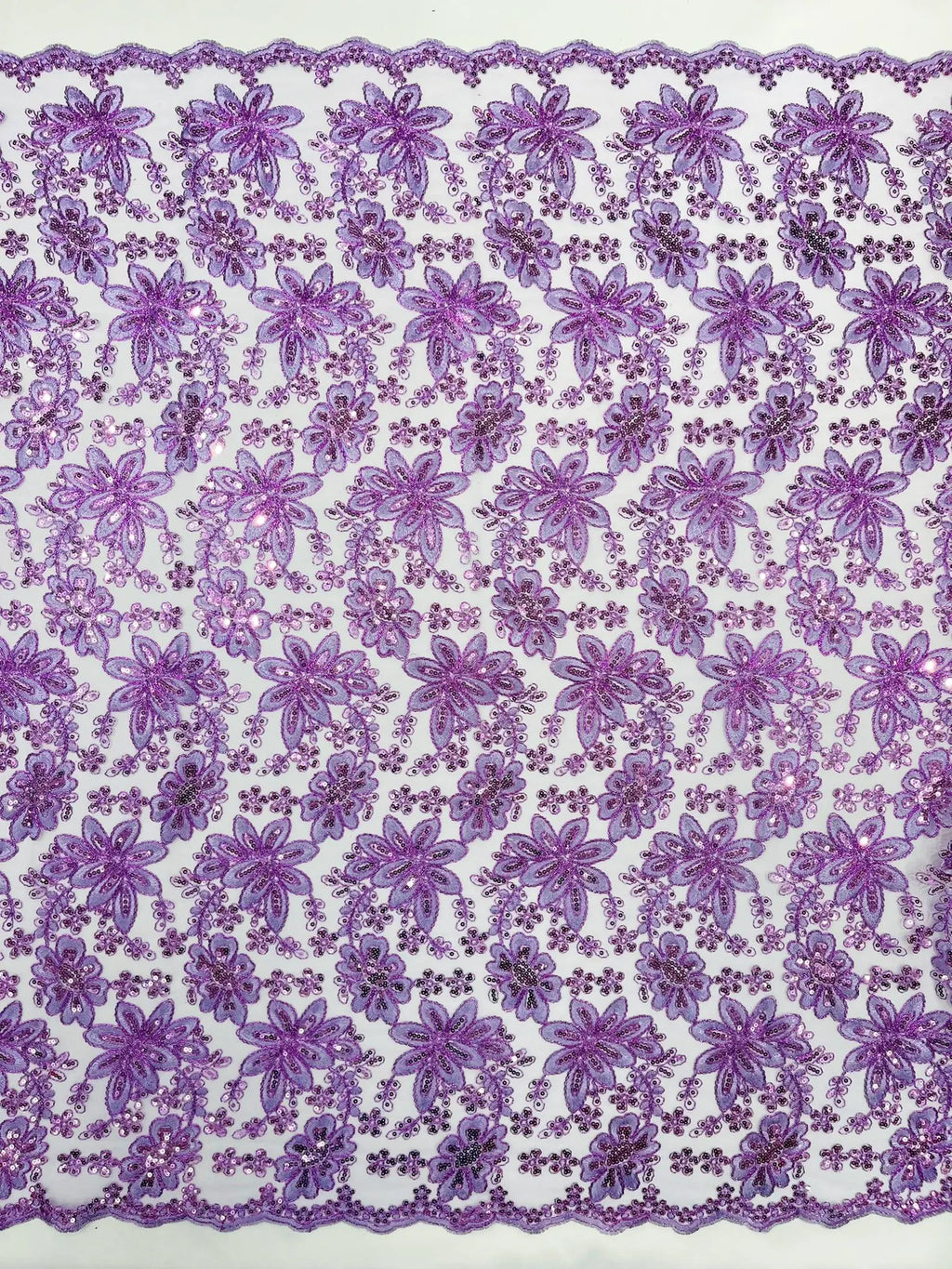 Floral Embroidery Damask Design With Sequins On A Mesh Lace Fabric By Yard. Lavender
