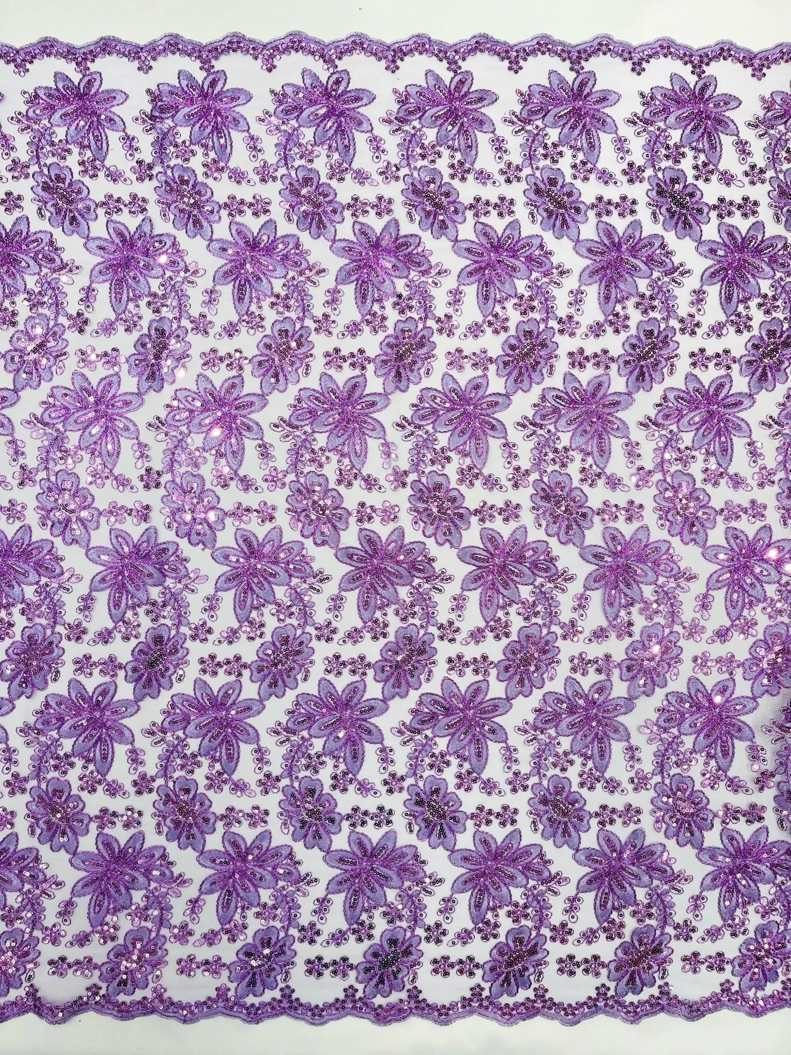 Floral Embroidery Damask Design With Sequins On A Mesh Lace Fabric By Yard. Lavender