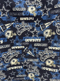 Dallas Cowboys Fleece Fabric by the Yard – (Helmet Toss, Star Print, Checkerboard, Allover Script, Plaid) – NFL Football