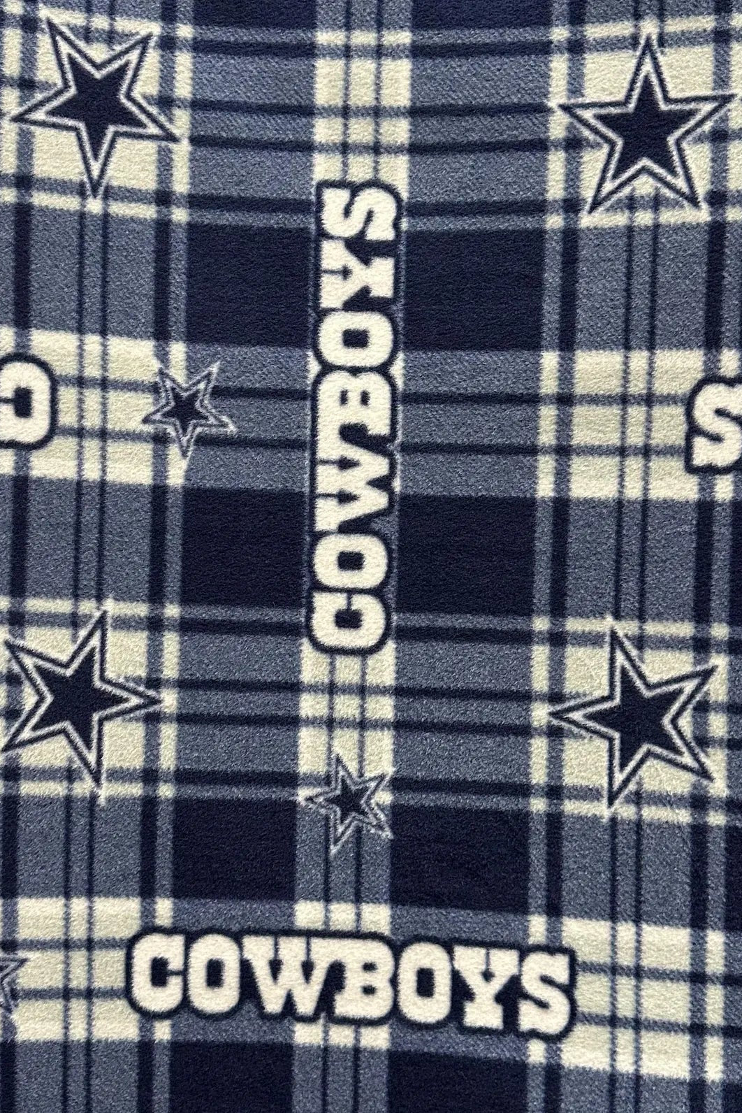 Dallas Cowboys Fleece Fabric by the Yard – (Helmet Toss, Star Print, Checkerboard, Allover Script, Plaid) – NFL Football