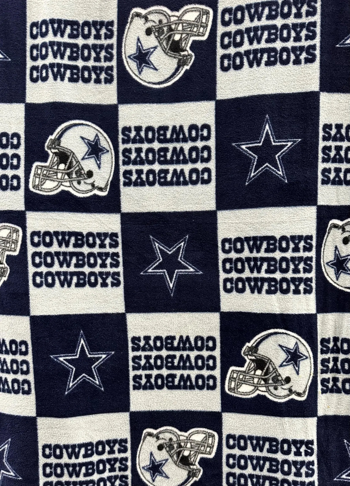 Dallas Cowboys Fleece Fabric by the Yard – (Helmet Toss, Star Print, Checkerboard, Allover Script, Plaid) – NFL Football