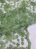 Floral Embroidery Damask Design With Sequins On A Mesh Lace Fabric By Yard. Sage