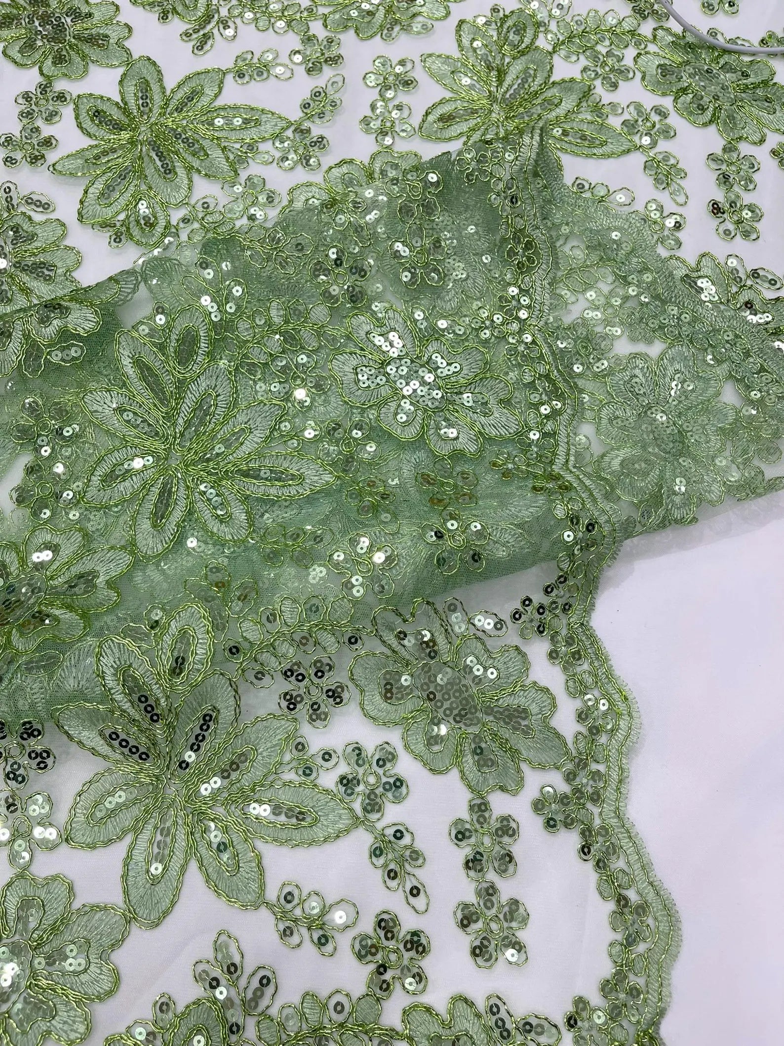 Floral Embroidery Damask Design With Sequins On A Mesh Lace Fabric By Yard. Sage