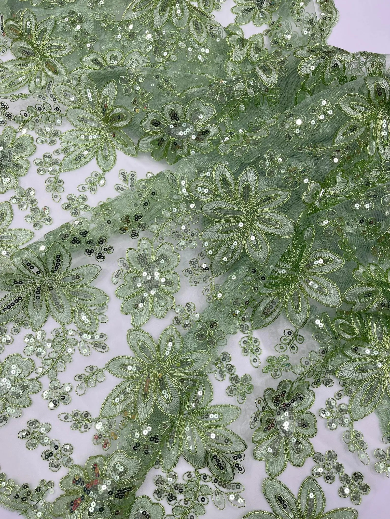 Floral Embroidery Damask Design With Sequins On A Mesh Lace Fabric By Yard. Sage