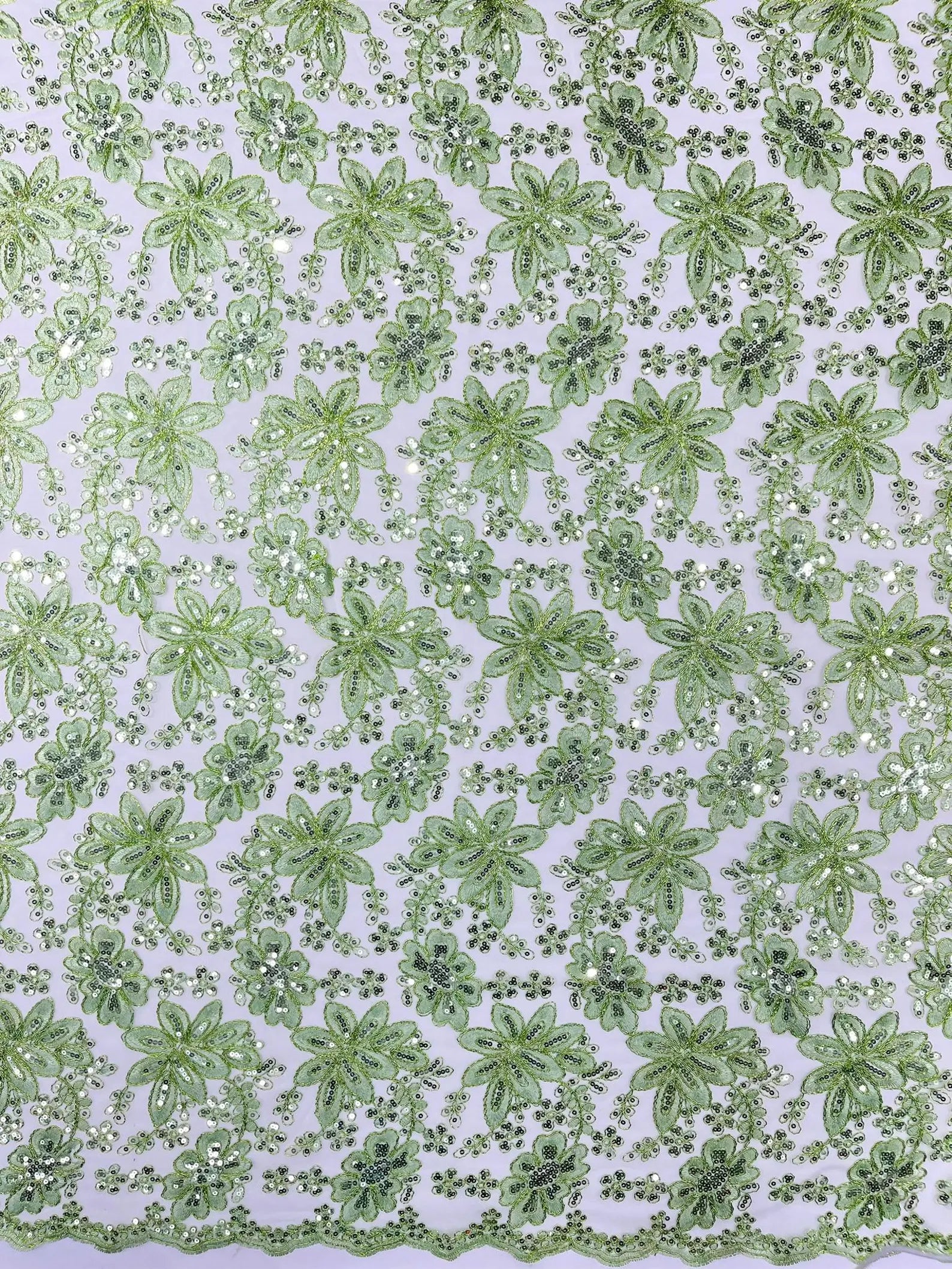 Floral Embroidery Damask Design With Sequins On A Mesh Lace Fabric By Yard. Sage