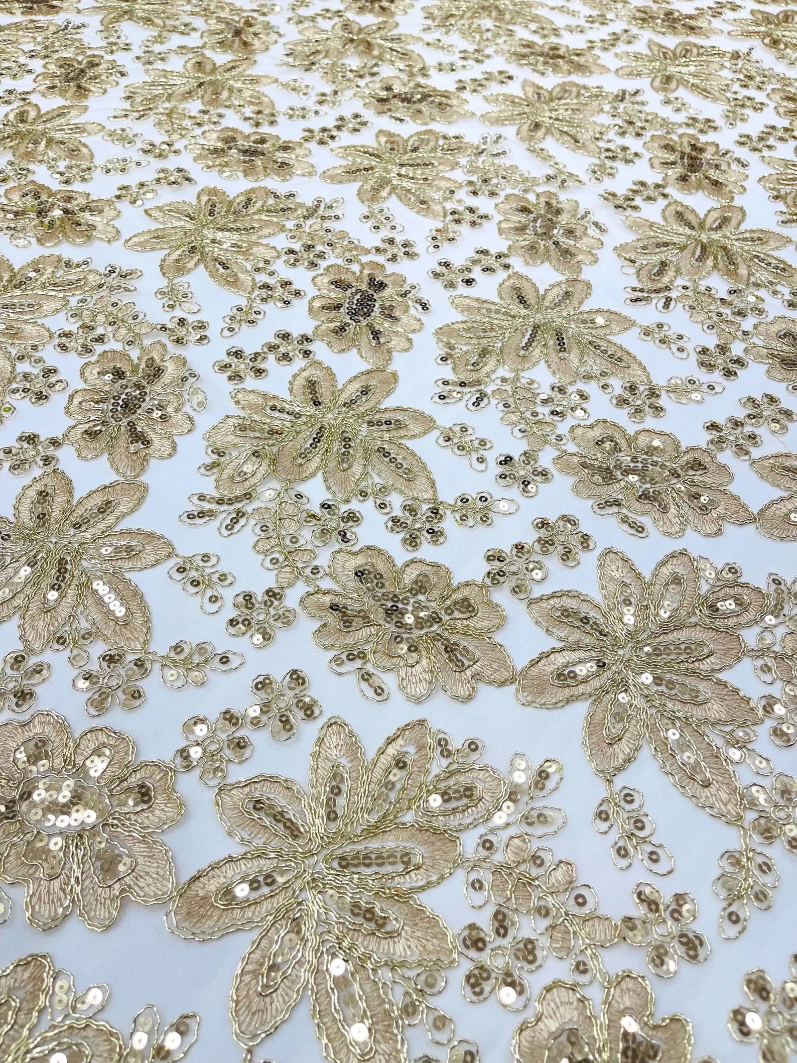 Floral Embroidery Damask Design With Sequins On A Mesh Lace Fabric By Yard. Champagne