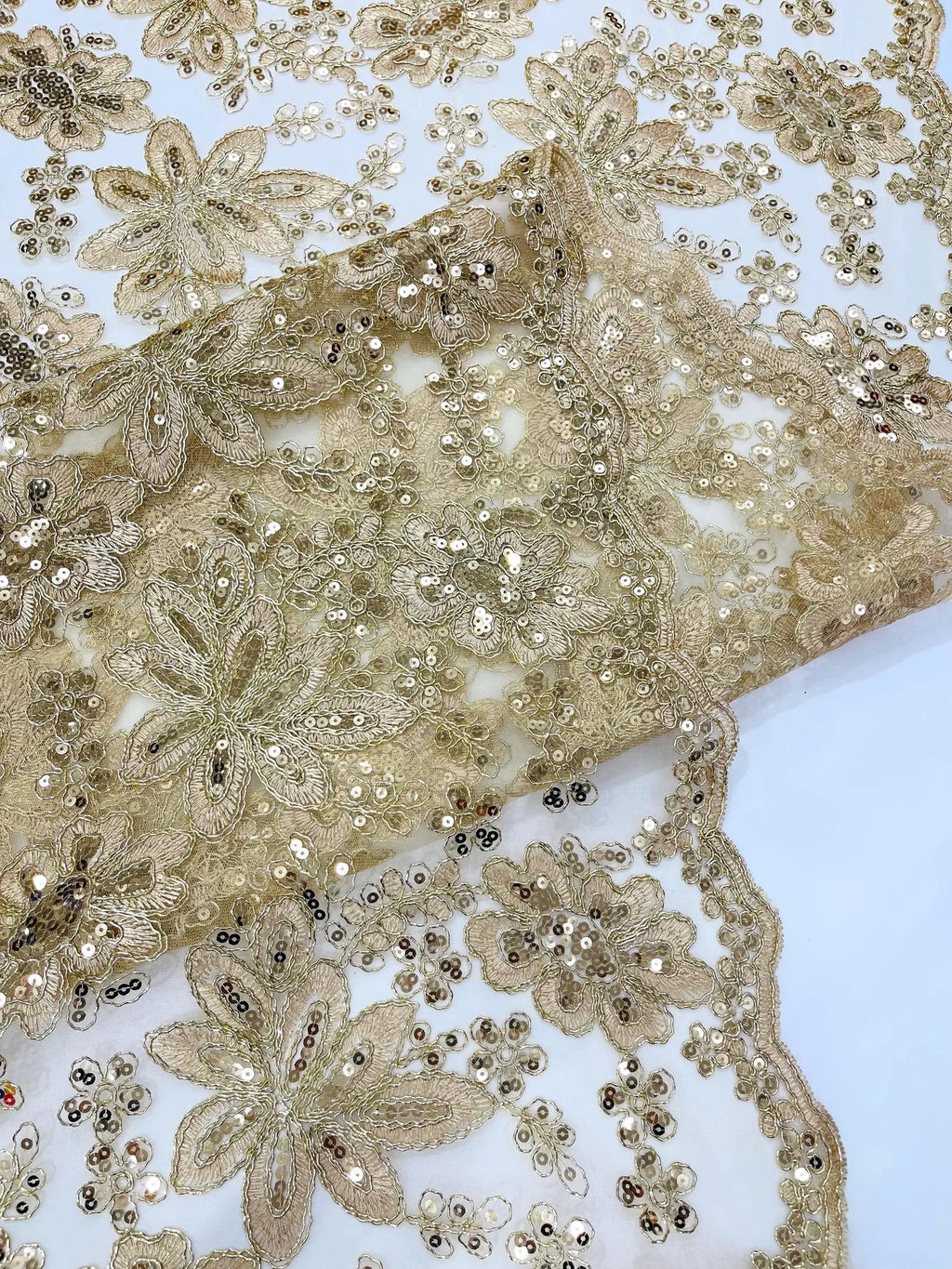 Floral Embroidery Damask Design With Sequins On A Mesh Lace Fabric By Yard. Champagne