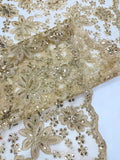 Floral Embroidery Damask Design With Sequins On A Mesh Lace Fabric By Yard. Champagne