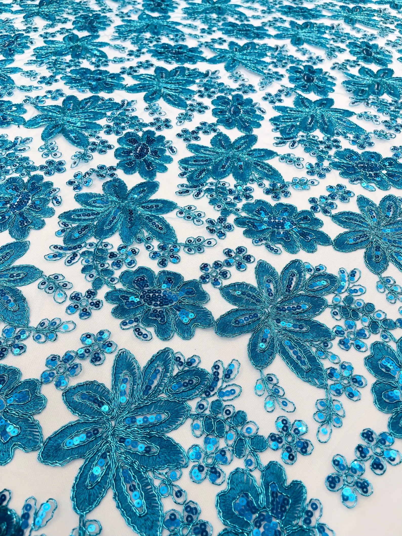 Floral Embroidery Damask Design With Sequins On A Mesh Lace Fabric By Yard. Turquoise