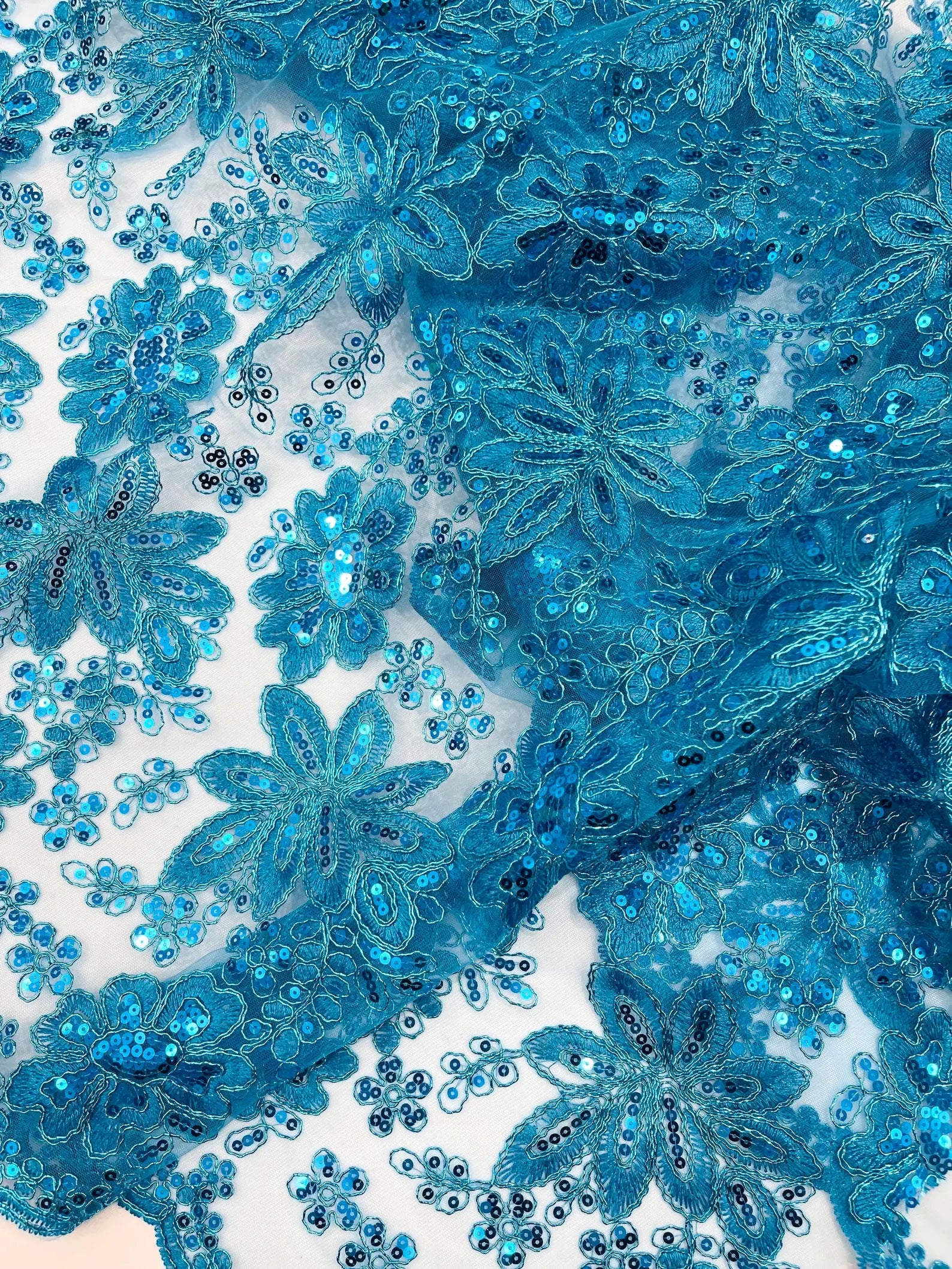 Floral Embroidery Damask Design With Sequins On A Mesh Lace Fabric By Yard. Turquoise