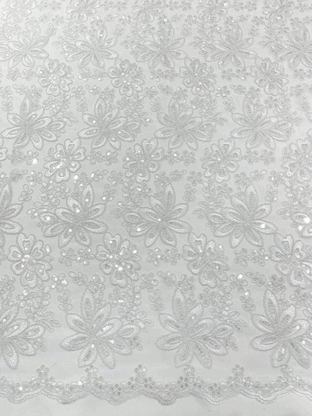 Floral Embroidery Damask Design With Sequins On A Mesh Lace Fabric By Yard. White