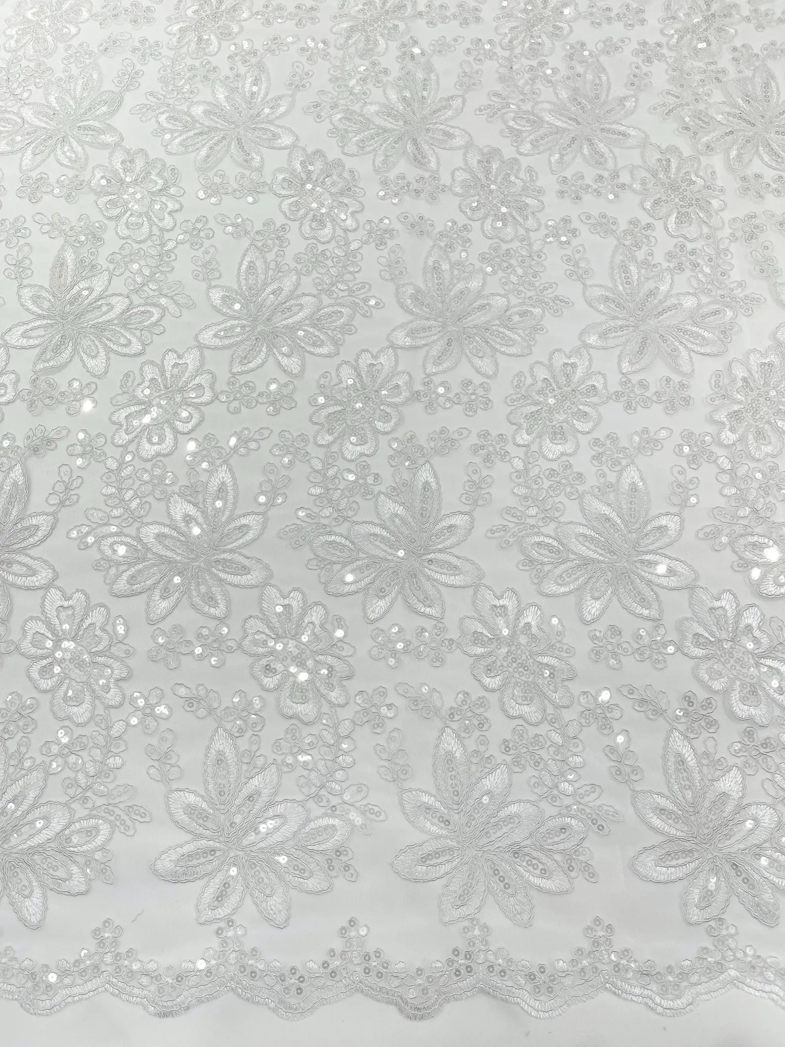 Floral Embroidery Damask Design With Sequins On A Mesh Lace Fabric By Yard. White