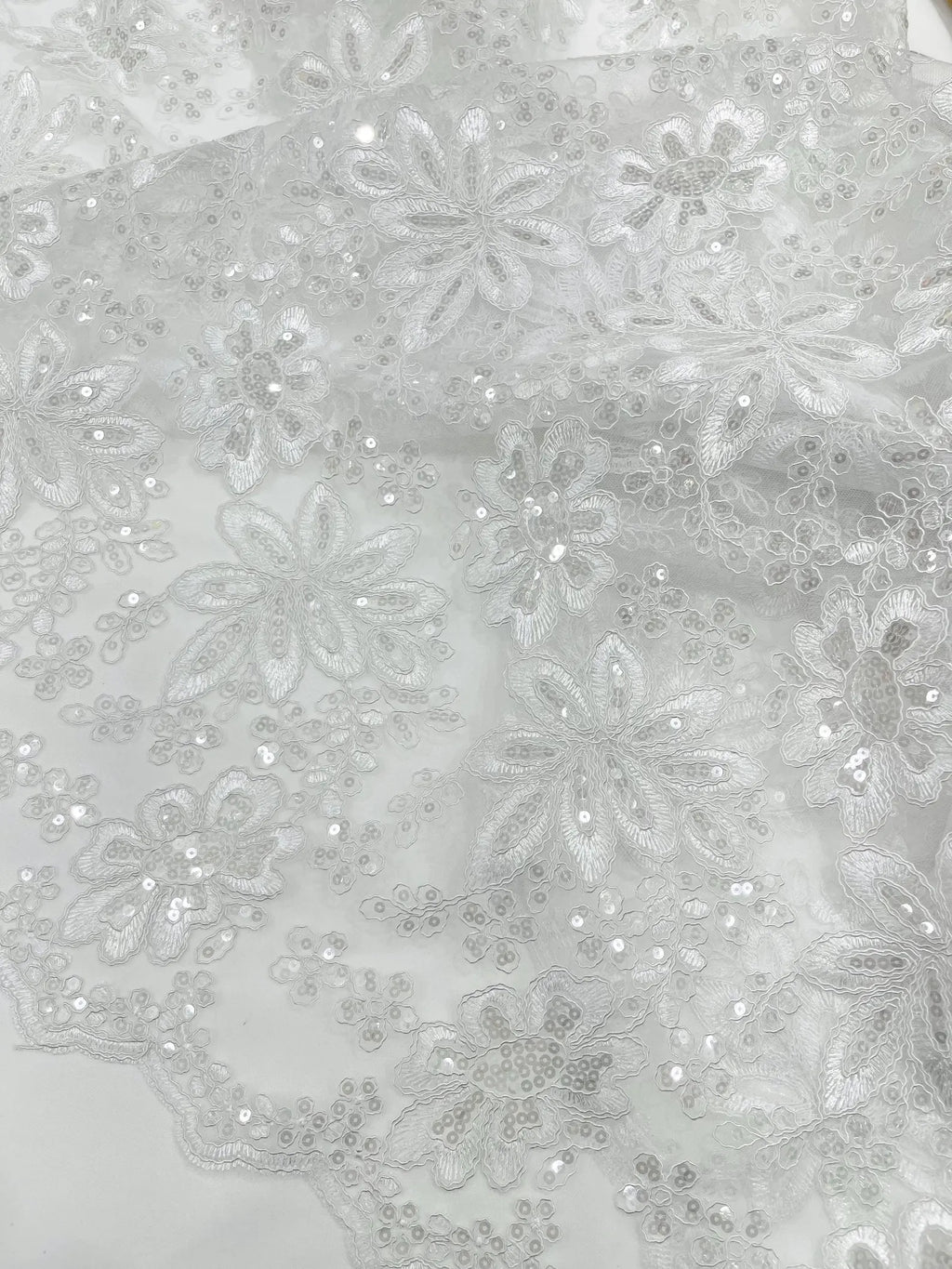 Floral Embroidery Damask Design With Sequins On A Mesh Lace Fabric By Yard. White