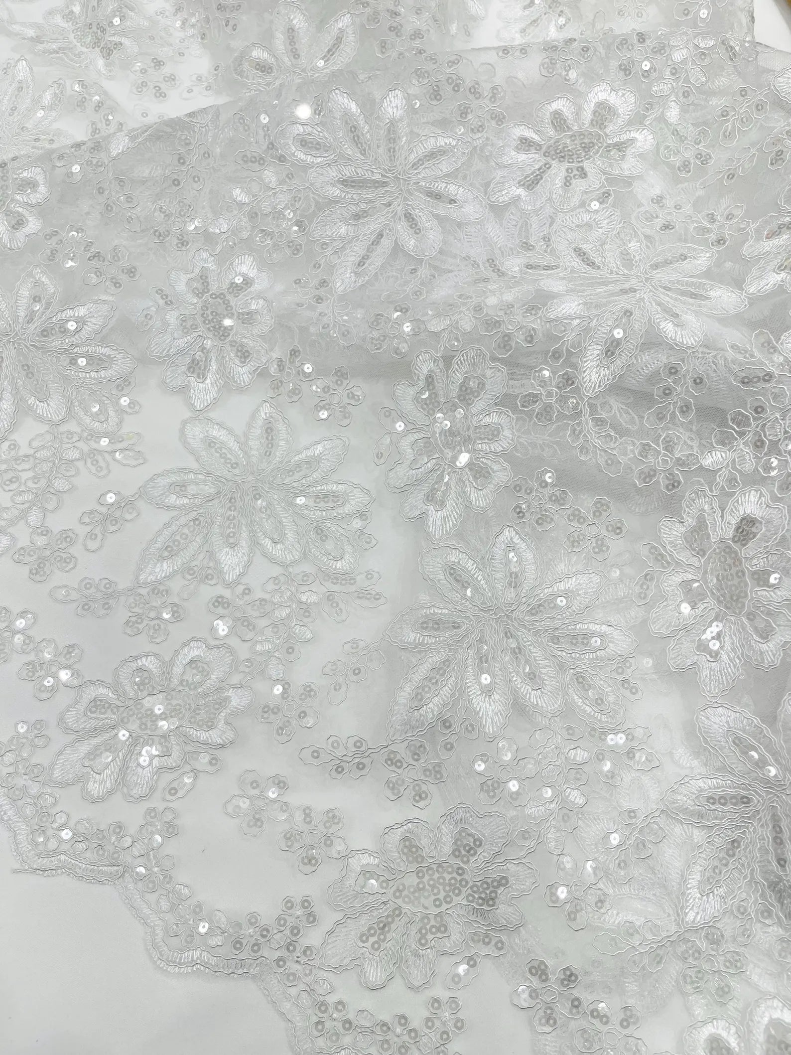 Floral Embroidery Damask Design With Sequins On A Mesh Lace Fabric By Yard. White
