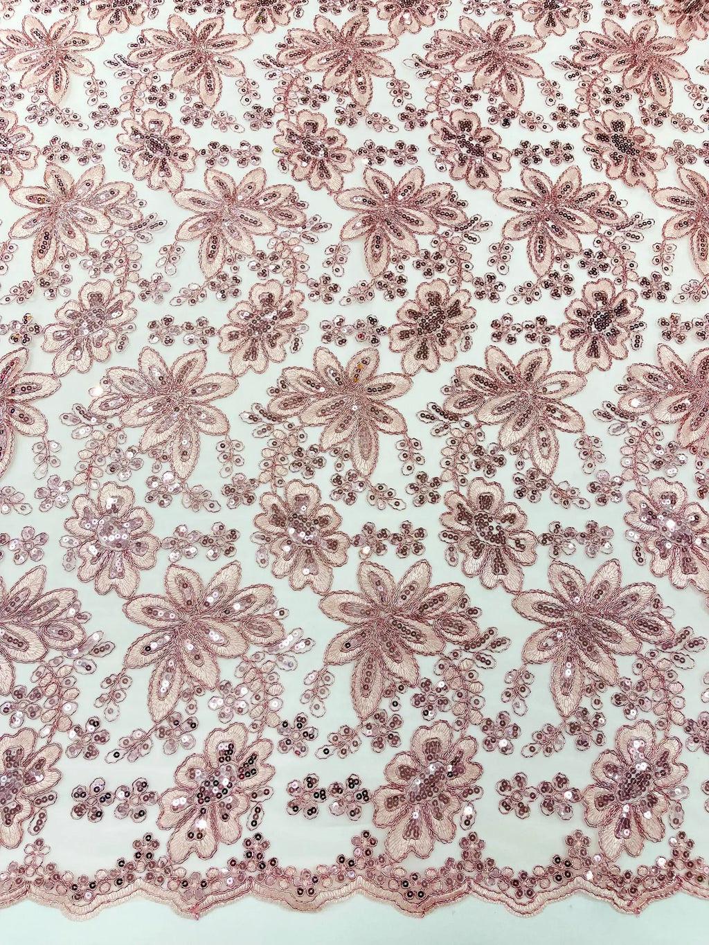 Floral Embroidery Damask Design With Sequins On A Mesh Lace Fabric By Yard. Pink